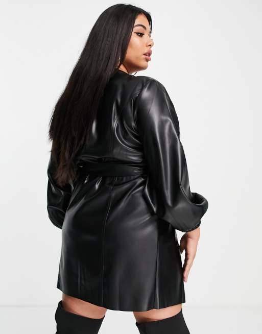 ASOS DESIGN Curve leather look belted wrap mini dress in black