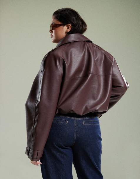 ASOS DESIGN Curve leather look bomber trench coat in chocolate - view 1