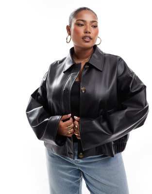 ASOS Curve ASOS DESIGN Curve leather look button through jacket in black