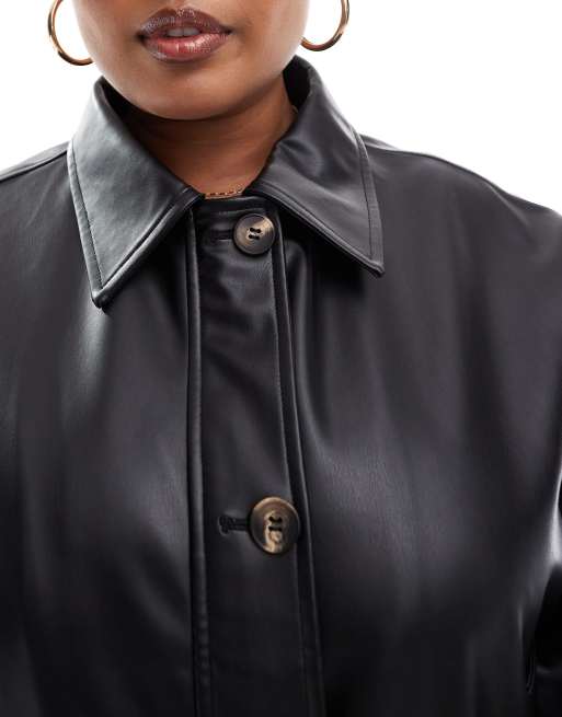 ASOS DESIGN Curve leather look button up jacket in black