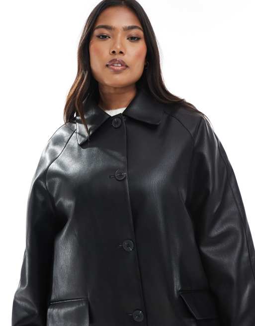 ASOS DESIGN Curve leather look car coat in black, 4 of 4