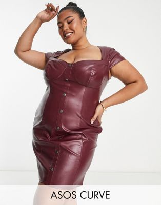 ASOS DESIGN Curve leather look corset mini dress in wine-Red