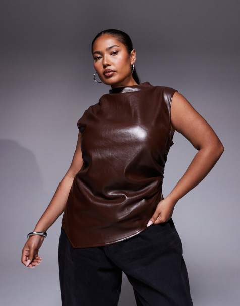 ASOS DESIGN Curve leather look drape high neck asymmetric smart top in chocolate - view 1