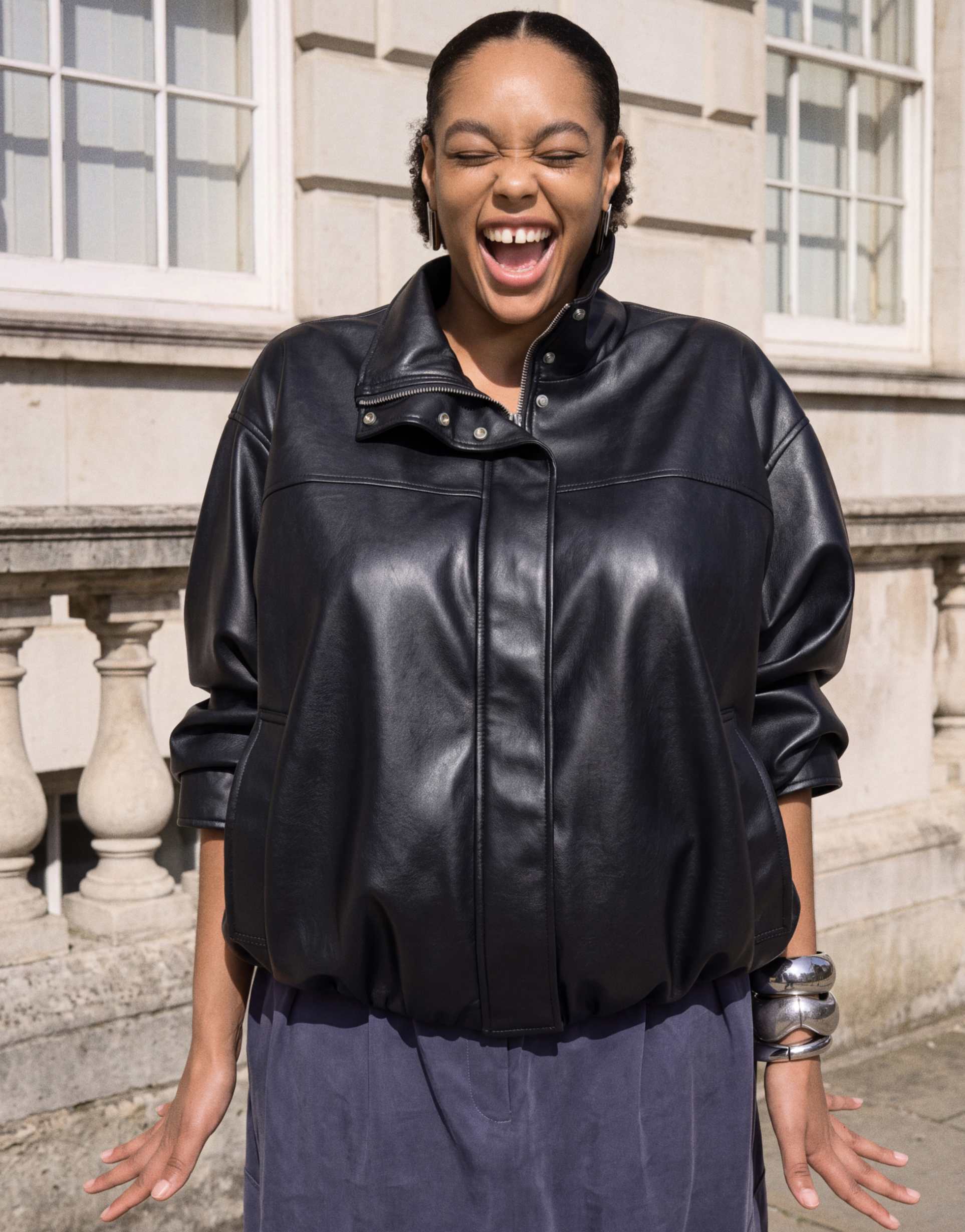 asos design curve leather look funnel track bomber jacket in black