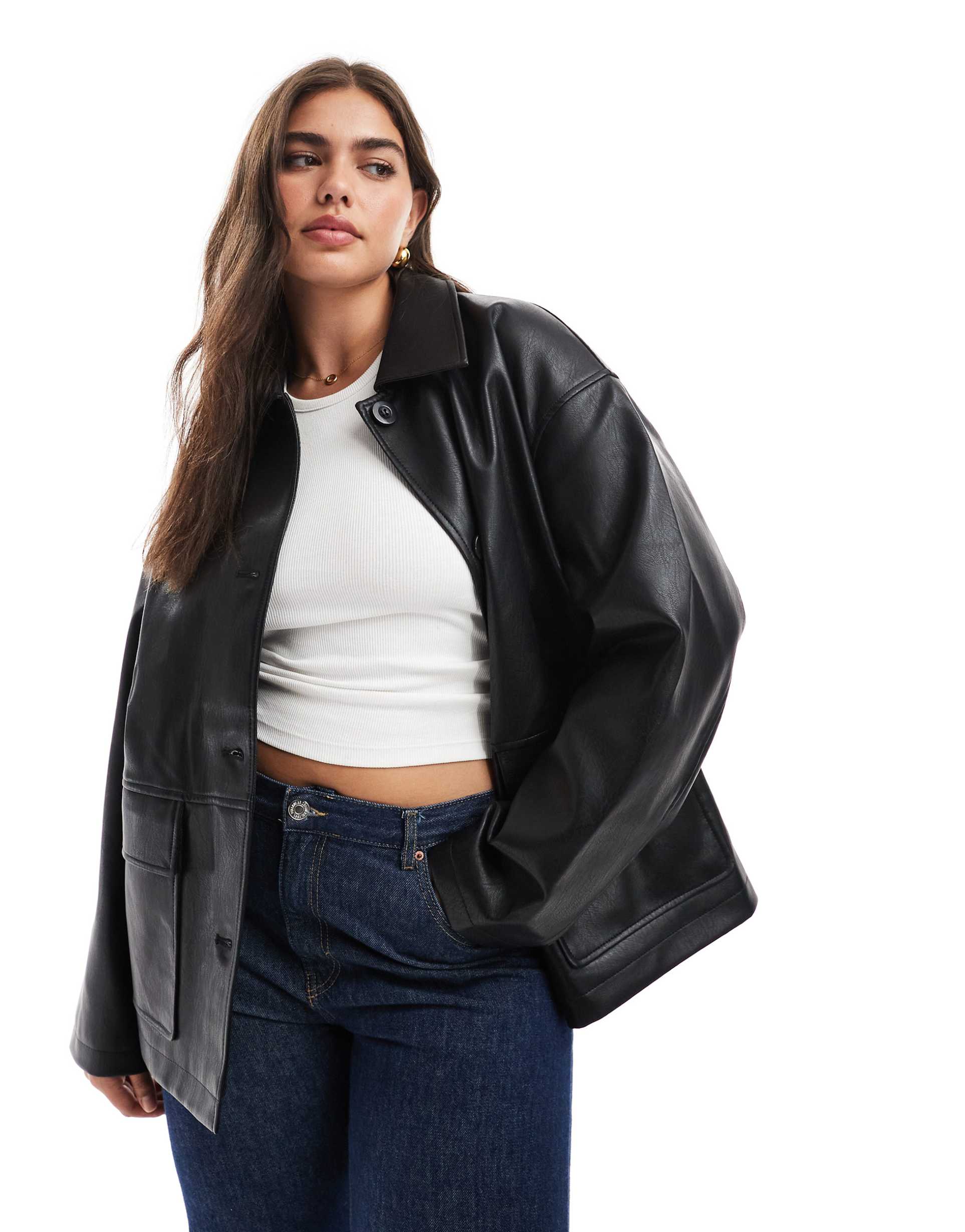 asos design curve leather look harrington jacket in black