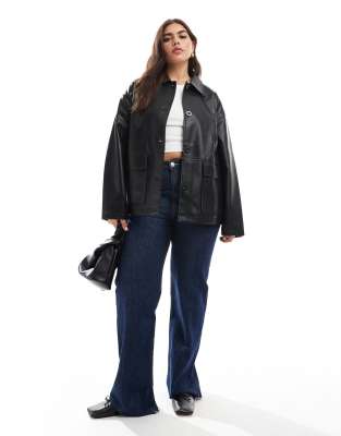 Asos Curve Asos Design Curve Leather Look Harrington Jacket In Black