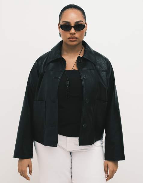 ASOS DESIGN Curve leather look harrington jacket in black - view 1