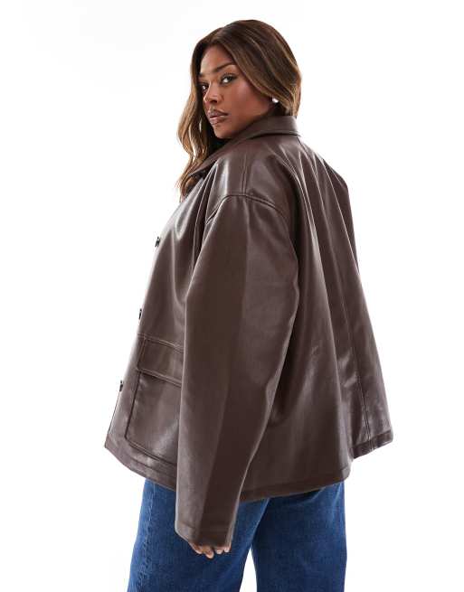 ASOS DESIGN Curve leather look harrington jacket in chocolate, 4 of 4