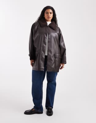 Asos Curve Asos Design Curve Leather Look Jacket With Borg Collar And Cinch Waist In Brown