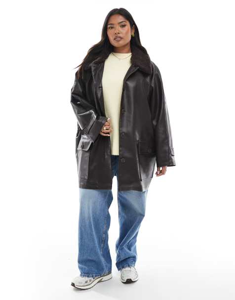ASOS DESIGN Curve leather look jacket with borg collar and cinch waist in chocolate - view 1