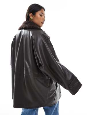Asos Curve Asos Design Curve Leather Look Jacket With Borg Collar And Cinch Waist In Brown