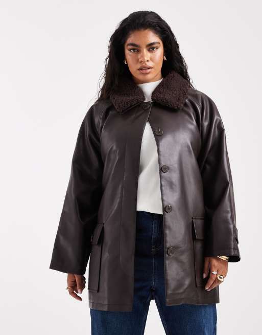 ASOS DESIGN Curve leather-look jacket with borg collar and cinch waist in chocolate , 4 of 4
