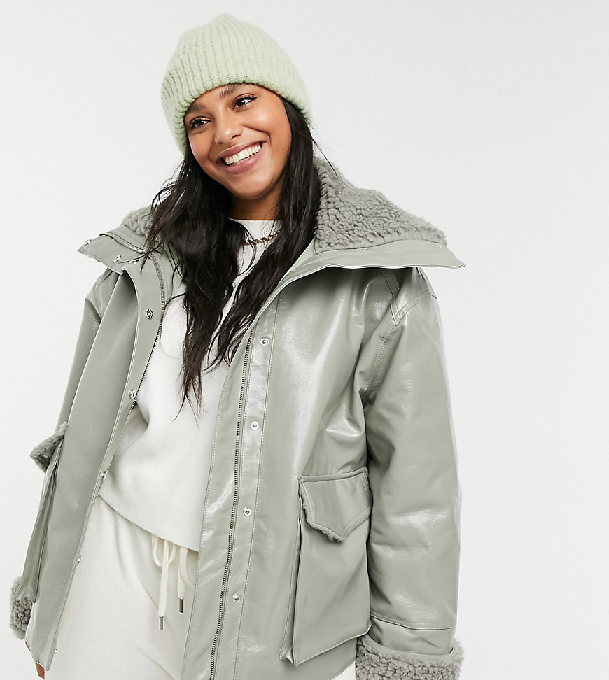 ASOS DESIGN Curve leather look jacket with shearling lining in sage-Multi