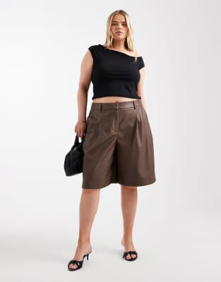 Asos Curve Asos Design Curve Leather Look Longline Pleat Front Safari Shorts In Brown