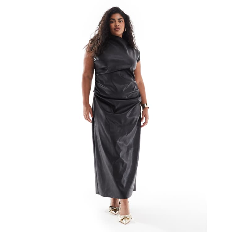 ASOS DESIGN Curve leather look midi dress with ruching detail in black |  ASOS