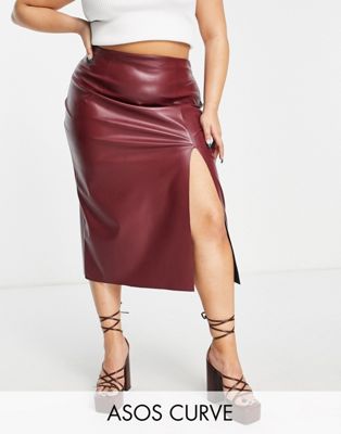 ASOS DESIGN Curve leather look midi skirt with thigh split in chocolate-Brown