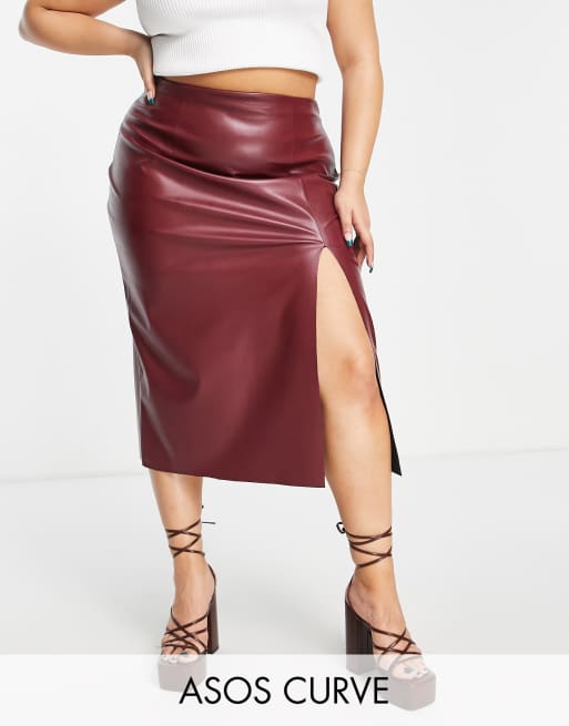 ASOS DESIGN Curve leather look midi skirt with thigh split in chocolate