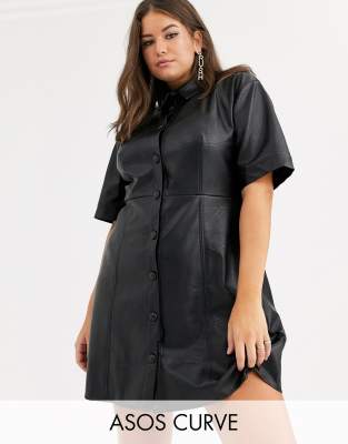 ASOS DESIGN Curve leather look mini button through shirt dress in black