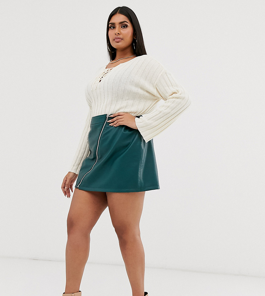 ASOS DESIGN Curve leather look mini skirt with zip detail-Green