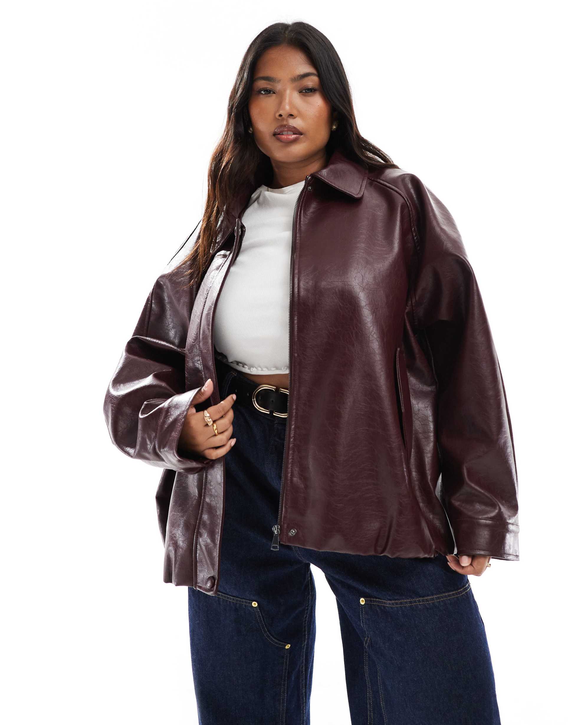 asos design curve leather look oversized bomber jacket in burgundy