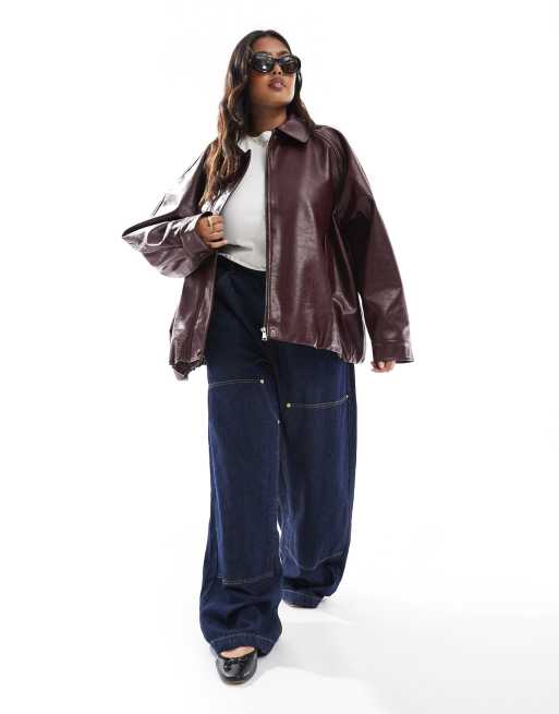 ASOS DESIGN Curve leather look oversized bomber jacket in burgundy, 3 of 4