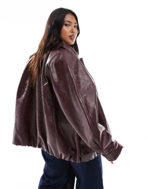 ASOS DESIGN Curve leather look oversized bomber jacket in burgundy, 4 of 4