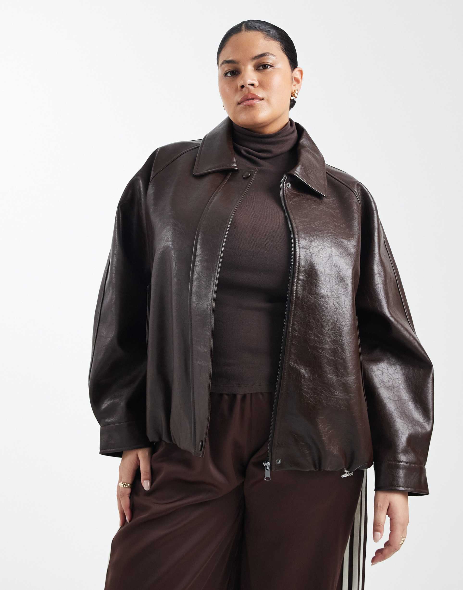 asos design curve leather look oversized bomber jacket in chocolate