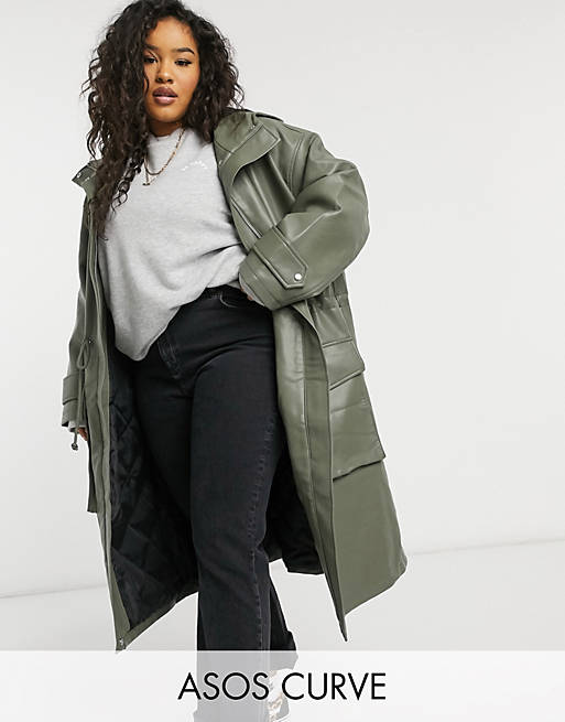 ASOS DESIGN Curve leather look oversized parka with quilted lining in khaki