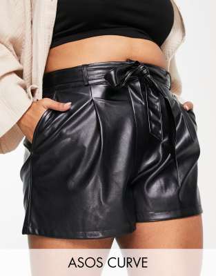 ASOS Curve ASOS DESIGN Curve leather look paperbag waist short in black
