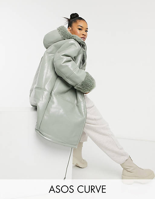 ASOS DESIGN Curve leather look parka with borg lining in sage