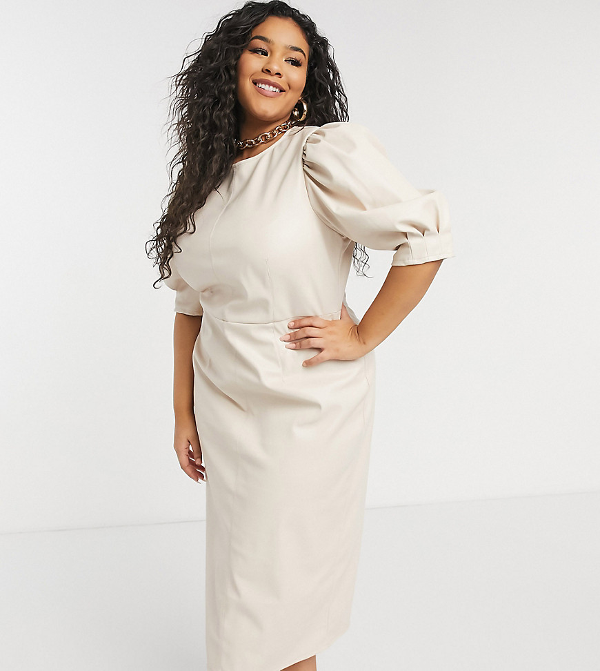 Plus-size dress by ASOS DESIGN Go with the faux Crew neck Puff sleeves Zip-back fastening Kick split Slim fit Close-fitting cut