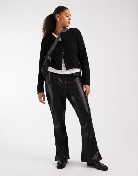 ASOS DESIGN Curve leather look slim flared pants with pintucks in black - view 1