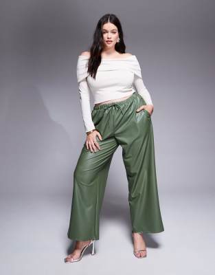 ASOS DESIGN Curve leather look tie waist wide leg pants in green