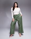 [ASOS Curve] ASOS DESIGN Curve leather look tie waist wide leg pants in green 24 PEA GREEN