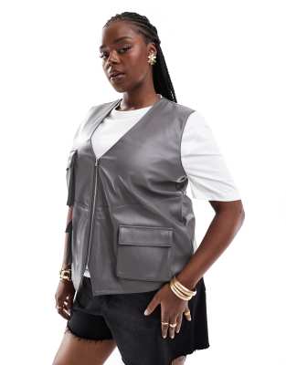 ASOS Curve ASOS DESIGN Curve leather look utility pocket detail vest in grey