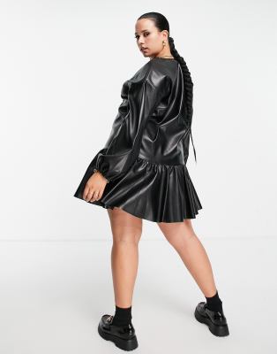 ASOS DESIGN Curve leather look wrap front mini smock dress in black | ASOS