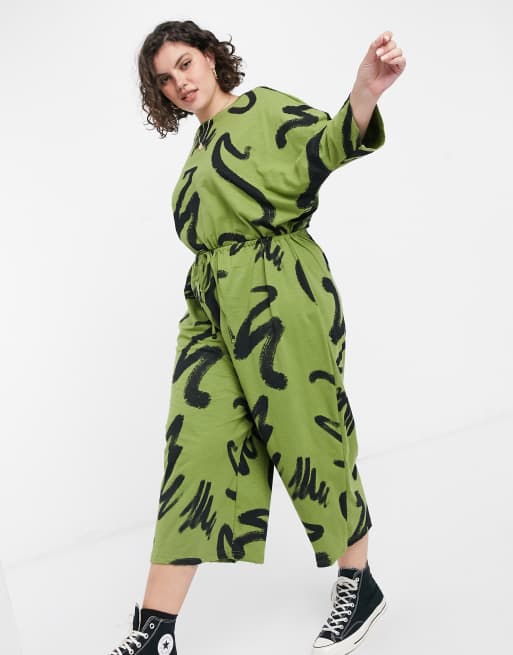 Asos Design Curve Legerer Jumpsuit Mit Bindeband Und Muster In Olivgrun Asos