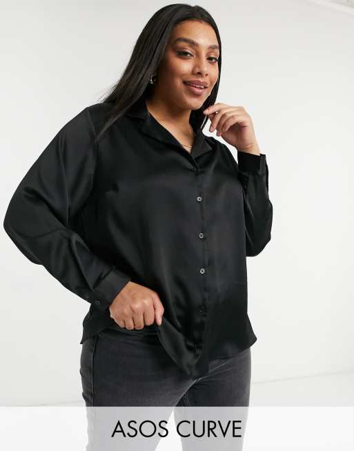 ASOS DESIGN Curve – Legeres, langärmliges Satinhemd in Schwarz