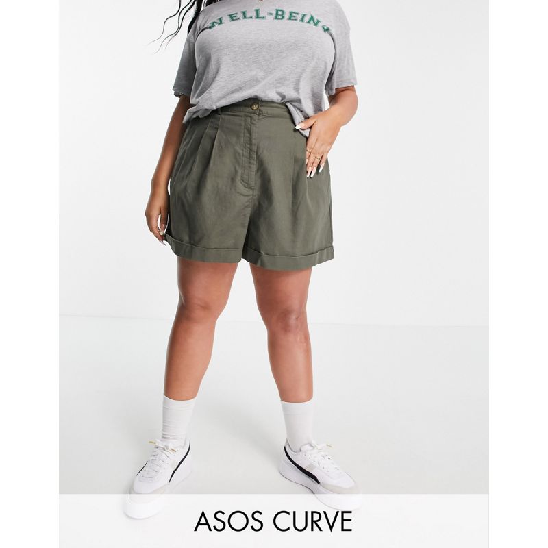 DESIGN Curve – Leinen-Shorts in Khaki mit plissierter Vorderseite und weitem Bein