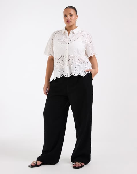 ASOS DESIGN Curve – Leinenhose in Schwarz mit weitem Bein - view 1