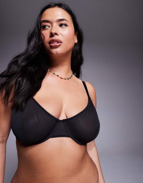 ASOS DESIGN Curve Lennox mesh underwired bra with satin binding in black - view 1