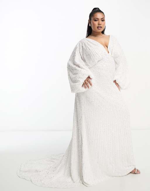 ASOS DESIGN Curve Lennox sequin blouson sleeve wedding dress with train in ivory