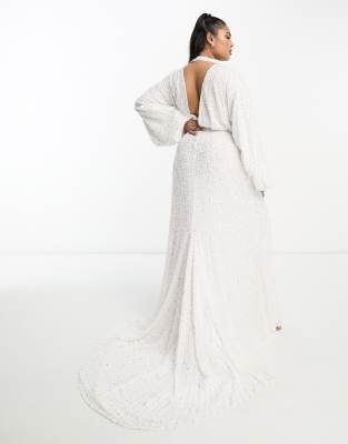 ASOS DESIGN Curve Lennox sequin blouson sleeve wedding dress with train in  ivory | ASOS