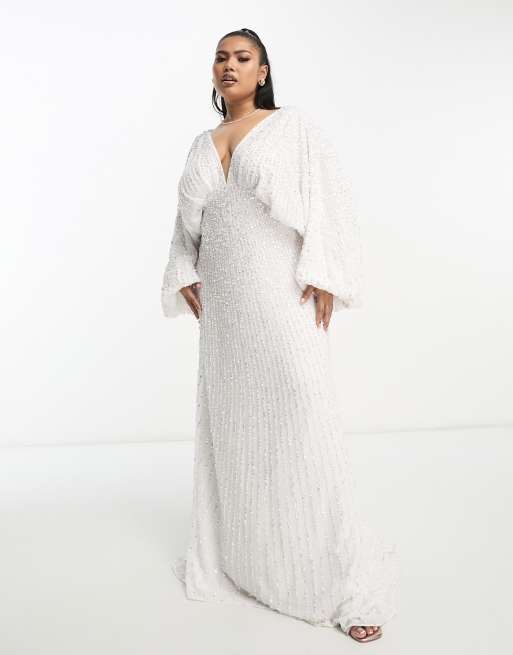 ASOS DESIGN Curve Lennox sequin blouson sleeve wedding dress with train in ivory, 4 of 4