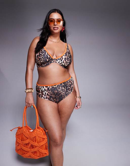 ASOS DESIGN Curve Leo contrast binding underwired bikini top in animal print, 2 of 4
