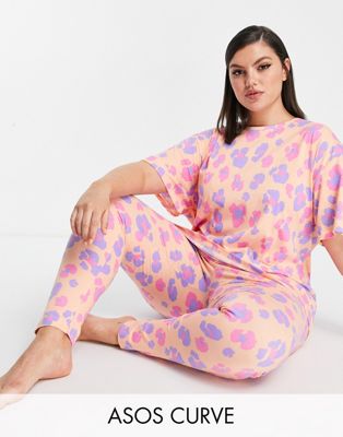 ASOS DESIGN Curve leopard oversized tee & legging pajama set in peach-Multi