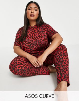 ASOS DESIGN Curve leopard tee & legging pyjama set in red