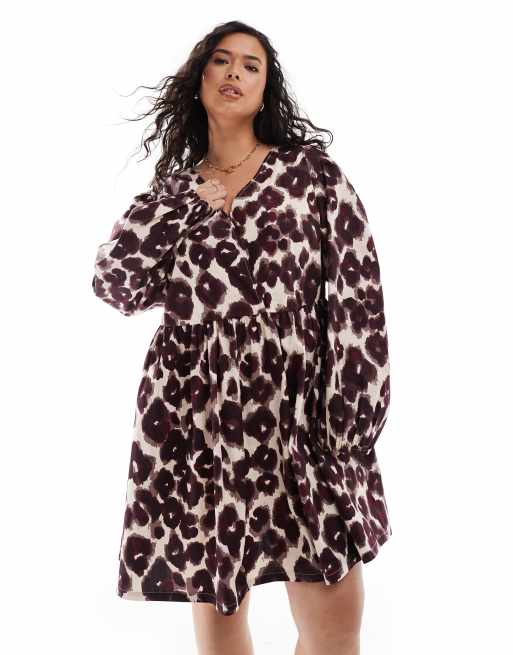 ASOS DESIGN Curve – Leopardmönstrad klänning av bomull med minilängd och v-ringning