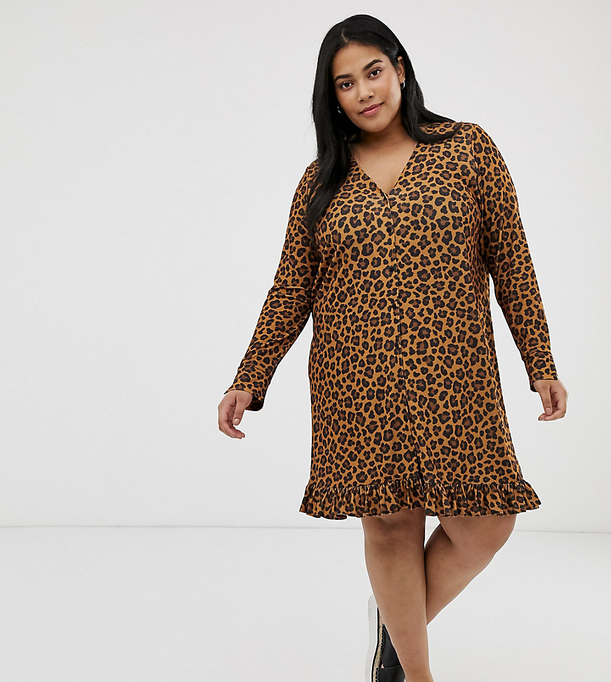 ASOS DESIGN – Curve – Leopardmönstrad miniklänning med knappar-Flerfärgad