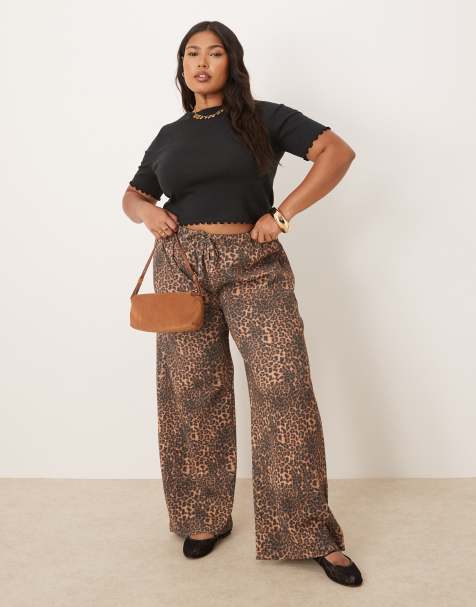 ASOS DESIGN Curve – Leopardmönstrade, våfflade byxor med vida ben - view 1